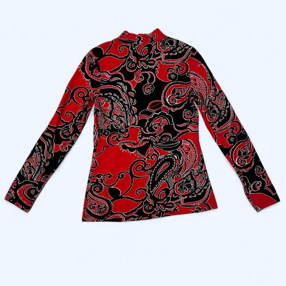 Red + Black Abstract Paisley Print Mock Neck Long Sleeve Top by Jones New York - Picture 3 of 8